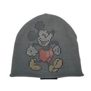 Disney Parks Mickey Mouse Cross Stitch Pattern Youth Beanie Hat Gray One Size